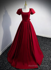 Burgundy Satin Square Beading Short Sleeve prom Dress